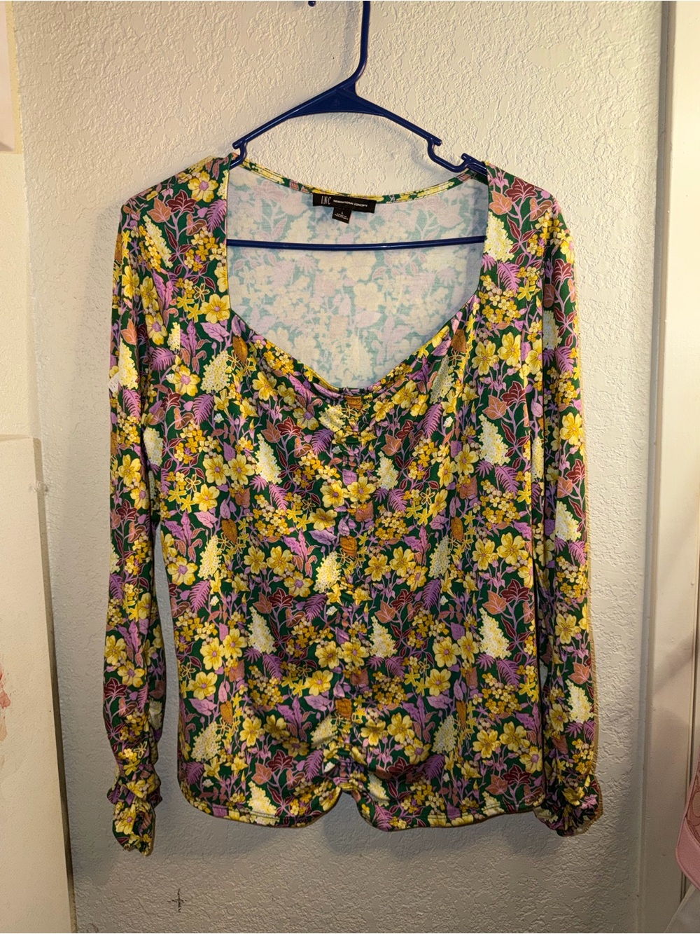 INC International Concepts Yellow & Purple Floral Long-Sleeve Scoop Neck Top